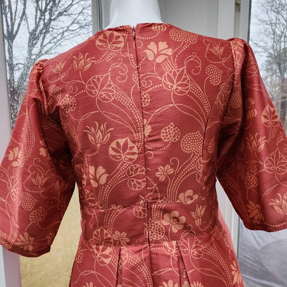 Eshakti Burnt Orange Floral Print Banded High Waist Pleated Taffeta Midi Skirt - Picture 9 of 17